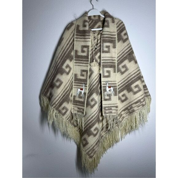 Alpaca Wool Textil Peruvian Poncho Attached Scarf Lama Application One Sz *Notes - Picture 1 of 14